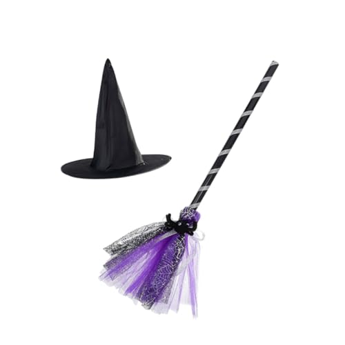 ERINGOGO Halloween Hexenhut und Reisigbesen Leichtes Langlebiges Cosplay Zubehör für Erwachsene und Klassische Partydekoration Wiederverwendbar Violette Farbakzente für Halloween Kostüme von ERINGOGO