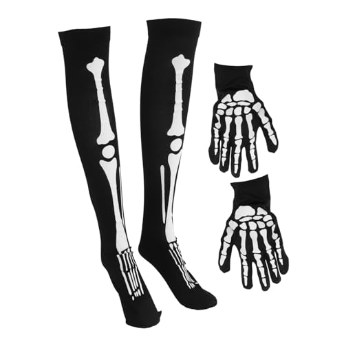 ERINGOGO Halloween Skelett Handschuhe Und Overknee Strümpfe Dekorative Skeletthandschuhe Für Halloween Modische Skelettstrümpfe Für Damen Und Herren Perfekte Kostümaccessoires von ERINGOGO
