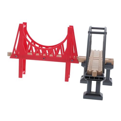 ERINGOGO Holz Eisenbahnbrücken Set Teilig mit Großer Grauer Kreuzbrücke und Roter Hängebrücke Stabile Zugschienen Zubehör für Kreatives Bauen und Fantasievolles Spiel von ERINGOGO