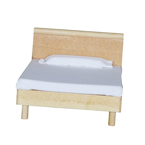 ERINGOGO Miniatur Doppelbett Aus Eiche Mit Kissen Modernes Puppenhaus Zubehör Für Schlafzimmer Miniaturmöbel Im Natürlichen Holzlook Für Puppenhaus Szenarien von ERINGOGO