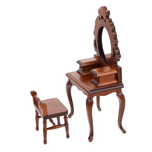 ERINGOGO Miniatur Holz Schminktisch mit Spiegel und Hocker Vintage Puppenhaus Möbel Stabiles Schlafzimmer Möbelstück für Kreative Dekoration und Rollenspiel von ERINGOGO