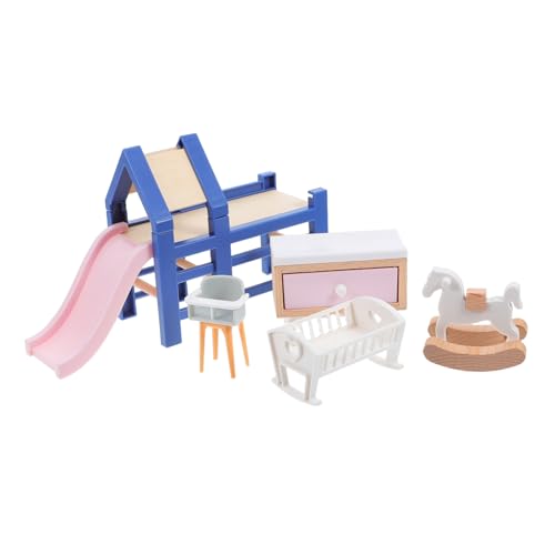 ERINGOGO Miniatur Puppenhaus Möbel Teiliges Kinderzimmer Spielmöbel mit Babybett Schaukelpferd Rutsche und Hocker Sanfte Farben Einfach Zusammenzubauen für Rollenspiele von ERINGOGO