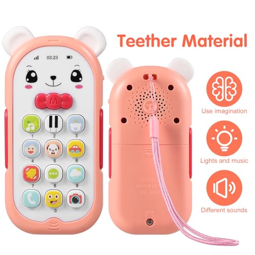 ERINGOGO Musik Telefon für Junge Mädchen mit Leuchtenden Tasten und Musik Spielzeugtelefon mit Beißohren zur Zahnungshilfe Frühe von Greifen und Hand Augen koordination Rosa Junge Mädchen von ERINGOGO