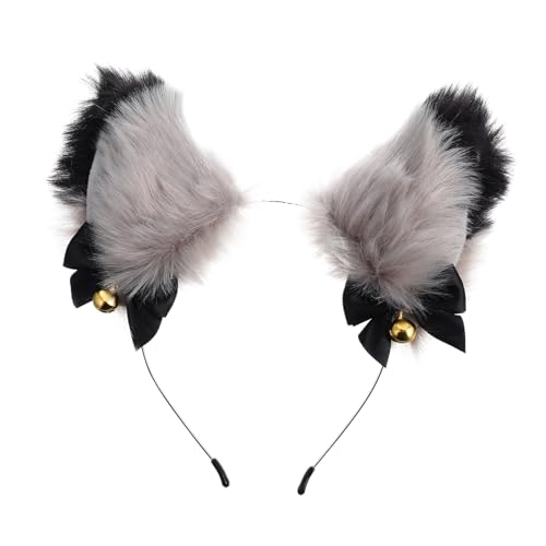 ERINGOGO Plüsch Fuchsohren Stirnband Mit Goldenen Glocken Cosplay Headdress Für Partys Fasching Und Mottopartys Graues Und Schwarzes Design Mit Schleife von ERINGOGO