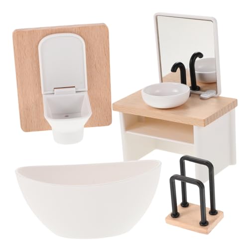 ERINGOGO Puppenhaus Badezimmermöbel Mit Badewanne Waschbecken Handtuchhalter Und Toilette Teiliges Miniatur Badezimmer Zubehör Für Puppenhäuser von ERINGOGO