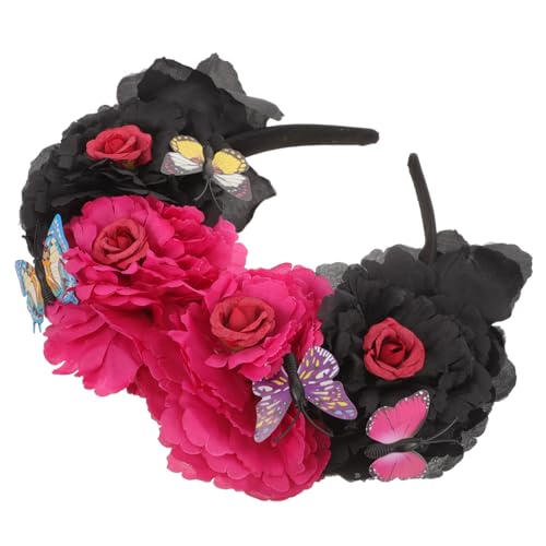 ERINGOGO Rosen Blumen Haarreif mit Schmetterlingsdesign für Damen Halloween Haarschmuck Festlicher Kopfschmuck für Party Cosplay und Kostüm Rutschfester Stirnband Rot Schwarz von ERINGOGO