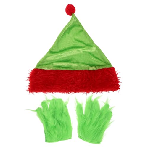 ERINGOGO Weihnachtskostüm Set mit Grünem Monster Handschuhen und Santa Mütze Weiche Leichte Furry Handschuhe Festliches Cosplay Zubehör für Halloween und Weihnachtsfeiern von ERINGOGO