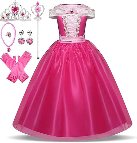 ERMWALR Mädchen Prinzessin Kleid Dornröschen Dress Up für Mädchen mit Krone Halskette Sets, Aurora Prinzessin Kleid Fancy Outfit Kostüm für Cosplay Halloween Karneval Party Geburtstag (6-7 Alter) von ERMWALR