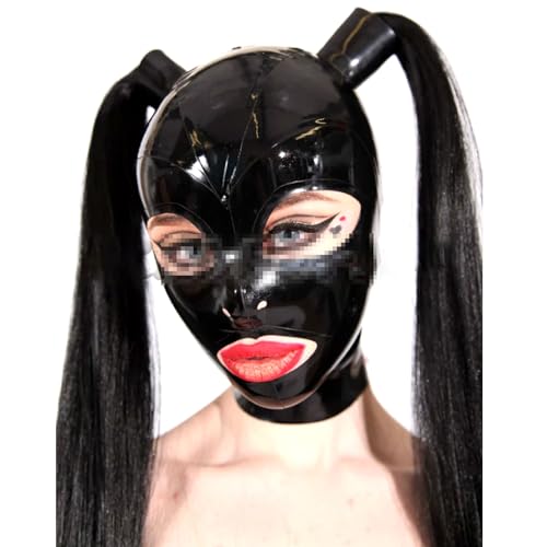 ERNZI Schwarze Unisex Latex Hauben Maske Offenes Auge Mund Kopf Bedeckung Gesichts Bedeckung Mit Zopf Perücke Bogen Für Männer Frauen Party Nachtclub Rollenspiel Maske,Schwarz,M von ERNZI