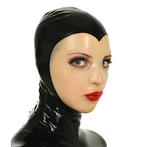 ERNZI Sexy Latex Haube Gummi Maske Schwarz Mit Transparenten Handgemachten Offenen Augen Mund Halloween Cosplay Kostüme Für Männer Frauen,Schwarz,XL von ERNZI