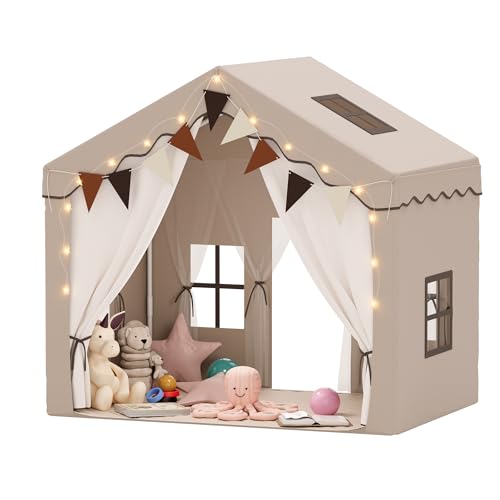 EROMMY 2-in-1 kinderzelt mit Matte, bunten Fahnen und Leuchtstreifen, Doppeltür-Design Zelt kinderzimmer für drinnen mit Dachfenster,Spielhaus für 3+ Jahre Braun EROMMY 2-in-1 kinderzelt mit Matte, bunten Fahnen und Leuchtstreifen, Doppeltür-Design Zelt kinderzimmer für drinnen mit Dachfenster,Spielhaus für 3+ Jahre Braun von EROMMY