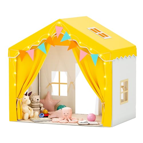 EROMMY 2-in-1 kinderzelt mit Matte, bunten Fahnen und Leuchtstreifen, Doppeltür-Design Zelt kinderzimmer für drinnen mit Dachfenster,Spielhaus für 3+ Jahre Gelb EROMMY 2-in-1 kinderzelt mit Matte, bunten Fahnen und Leuchtstreifen, Doppeltür-Design Zelt kinderzimmer für drinnen mit Dachfenster,Spielhaus für 3+ Jahre Gelb von EROMMY