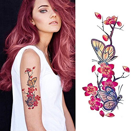 EROSPA® Tattoo-Bogen temporär - Motiv Blumenranke Schmetterling lila - 9 x 19 cm von EROSPA