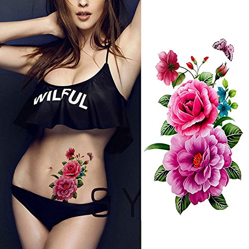 EROSPA® Tattoo-Bogen temporär - Blumen Motiv Wildrose Schmetterling - 9 x 19 cm von EROSPA