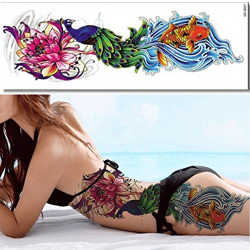 EROSPA® Tattoo-Bogen temporär - Fisch Wasser Welle Blume Blüte Pfau - 48 x 17 cm von EROSPA