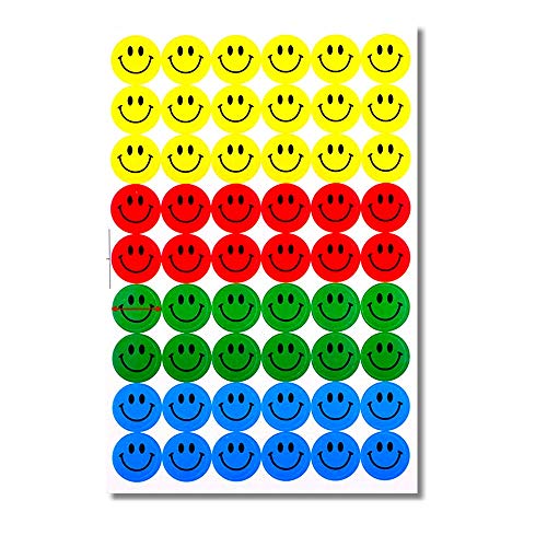 540 Stück Smile Sticker | Aufkleber Rund Ø 15 mm - 10 Blatt - Lächelndes Gesicht - Gelb | Rot | Grün | Blau von EROSPA
