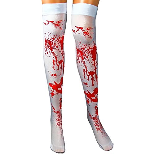 EROSPA® Blutige Knie-Strümpfe - Blutverschmiert - Damen - Overknees Horror Halloween Karneval Fasching Party Zombie - Weiß Rot von EROSPA