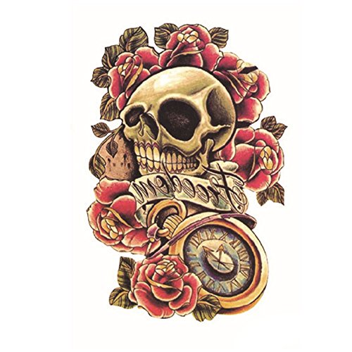 EROSPA® Tattoo-Bogen temporär - Schädel / Totenkopf / Uhr / Rosen - 12 x 19 cm von EROSPA