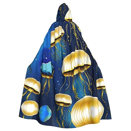 ERTTNT Erttntblue und goldener Quallen-Druck, Uni, volle Länge, Kapuzenmantel, Umhang, langer Umhang ERTTNT Erttntblue und goldener Quallen-Druck, Uni, volle Länge, Kapuzenmantel, Umhang, langer Umhang von ERTTNT