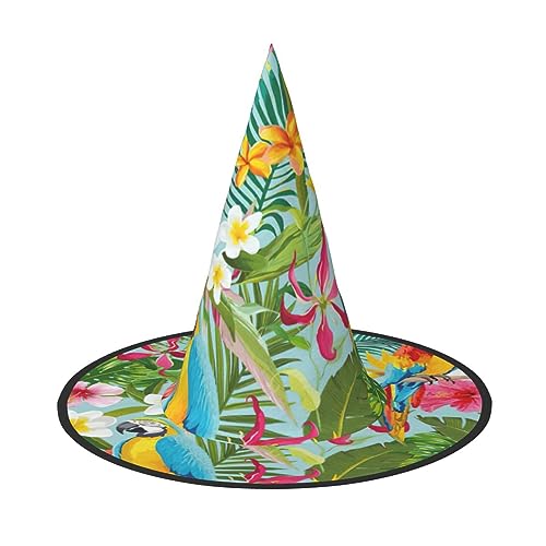 Hexenhut mit tropischen Pflanzen und Papageien, bedruckt, Rave, Karneval, Halloween, für Partys, Maskeraden und Kostümveranstaltungen Hexenhut mit tropischen Pflanzen und Papageien, bedruckt, Rave, Karneval, Halloween, für Partys, Maskeraden und Kostümveranstaltungen von ERTTNT