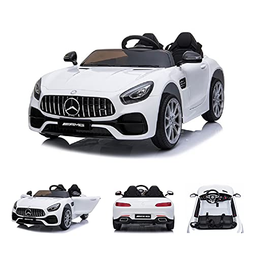 Kinderfahrzeug - Elektro Auto Mercedes AMG GT Doppelsitzer M - lizenziert - 12V, 2 Motoren- 2,4Ghz, MP3, Ledersitz+Eva (Weiss) von ES-TOYS