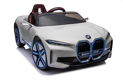 Elektro Kinderfahrzeug Design wie BMW i4 - lizenziert - 12V7A Akku, 2 Motoren- 2,4Ghz Fernsteuerung, MP3, Ledersitz+Eva (Weiss) von ES-TOYS