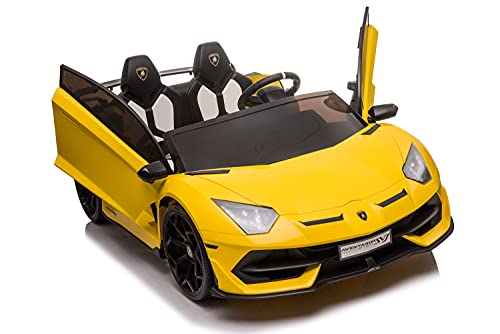 Kinderfahrzeug - 2 Sitzer Elektro Auto Lamborghini Aventador SVJ Doppelsitzer - lizenziert - 12V7AH, 2 Motoren- 2,4Ghz Fernsteuerung, MP3, Ledersitz+Eva+Lackiert (Gelb) von ES-TOYS