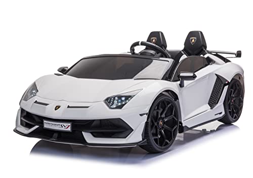 Kinderfahrzeug - 2 Sitzer Elektro Auto Lamborghini Aventador SVJ Doppelsitzer - lizenziert - 12V7AH, 2 Motoren- 2,4Ghz Fernsteuerung, MP3, Ledersitz+Eva+Lackiert (Weiss) von ES-TOYS