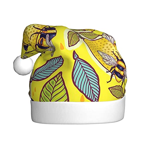 ESASAM Gelbe Zitrone und Biene bedruckte Weihnachtsmütze für Erwachsene, hochwertiger Plüschstoff, voller lebendiger gedruckter Designs. von ESASAM