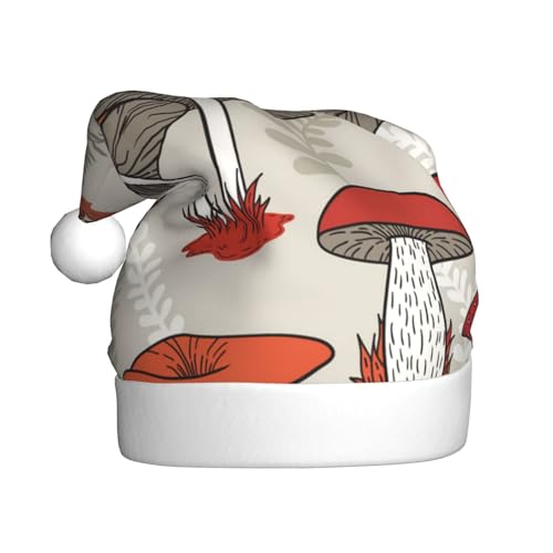 ESASAM Rote Pilze bedruckte Weihnachtsmütze für Erwachsene, hochwertiger Plüschstoff, voller lebendiger Druckdesign. von ESASAM