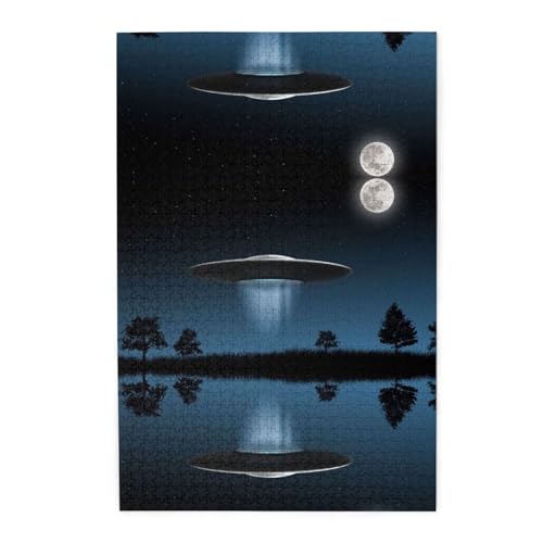 Flying Saucer At Night Print Premium Wooden Jigsaw Puzzle - 1000 Pieces - Plastic Box Packaging von ESASAM
