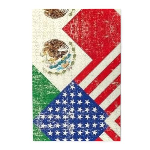 Premium Holzpuzzle mit mexikanischer amerikanischer Flagge, 1000 Teile, Kunststoffbox-Verpackung von ESASAM