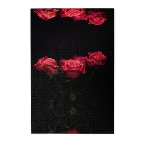 Premium Holzpuzzle mit roten Rosen und schwarzen Blättern, 1000 Teile, Kunststoffbox-Verpackung von ESASAM