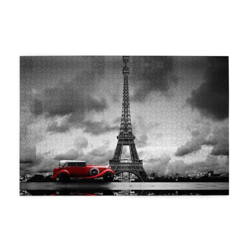 Rotes Auto vor dem Eiffelturm, 1000 Teile Holzpuzzles in Kunststoffboxen, feine Verarbeitung und Haltbarkeit von ESASAM