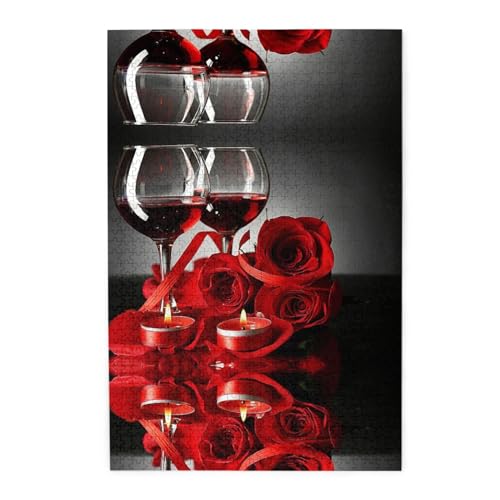 Rotweinrose und Kerze 1000 Holzpuzzles in Kunststoffboxen (vertikale Version), die erste Wahl für die Freizeit von ESASAM