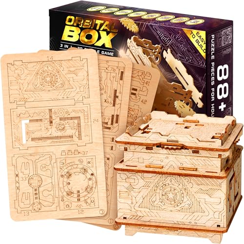 ESC WELT Orbital Box 3D Puzzle Erwachsene - 3 in 1 Puzzle Box Modellbau Escape Room Spiel Holzpuzzle - Geschenkbox Knobelspiel - Rätselbox 3D Holzpuzzle Erwachsene - Modellbausatz für Familie von ESC WELT