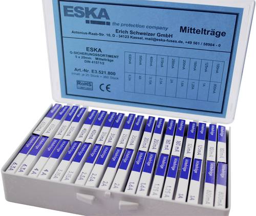 ESKA E3521800 Feinsicherung-Sortiment (Ø x L) 5mm x 20mm Mittelträge -mT- Inhalt 360 Teile von ESKA