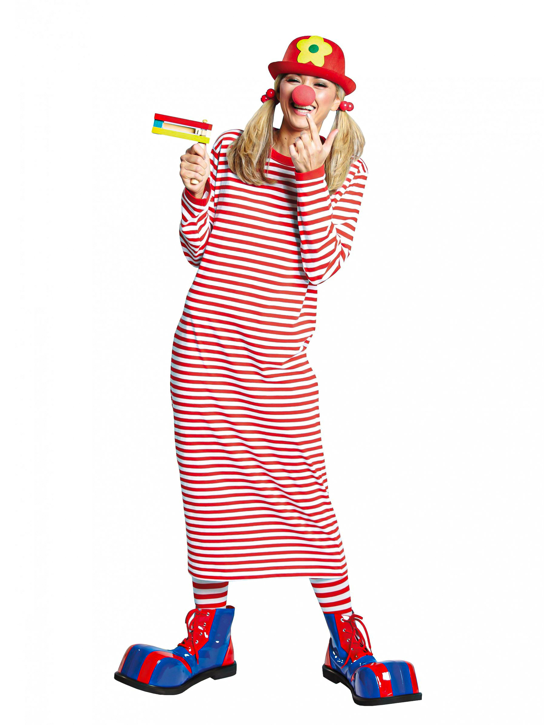 Langes Clownskleid geringelt für Damen rot-weiß Langes Clownskleid geringelt für Damen rot-weiß von ESPA