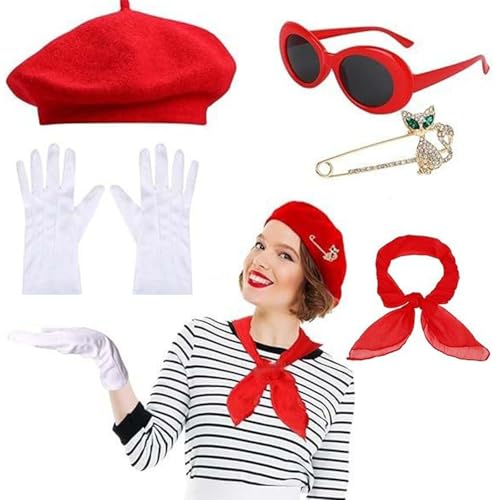 ETAWDE Damenkostüm im 1980er-Jahre-Stil, Hut mit Brille, Herz, Ohrringe, Handschuhe, Schal für Frauen, Geburtstag, Motto-Party, Musikfestival von ETAWDE
