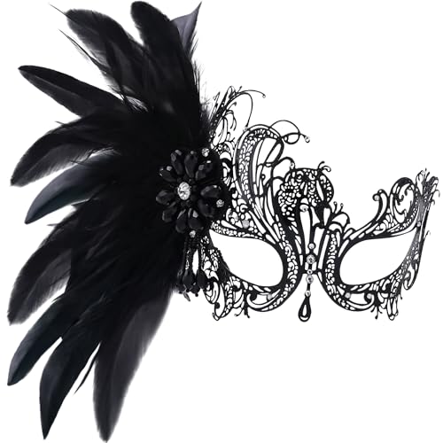ETOFETE Feder-Maskerade Maske für Frauen, Abschlussball, Ball, Party, schwarze venezianische Maske mit abnehmbarer Feder-Haarspange für Karneval von ETOFETE