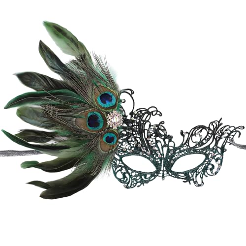 ETOFETE Grüne Spitzen-Maske für Karneval, Party, Pfauenfedern, venezianische Maske für Halloween, Damen ETOFETE Grüne Spitzen-Maske für Karneval, Party, Pfauenfedern, venezianische Maske für Halloween, Damen von ETOFETE