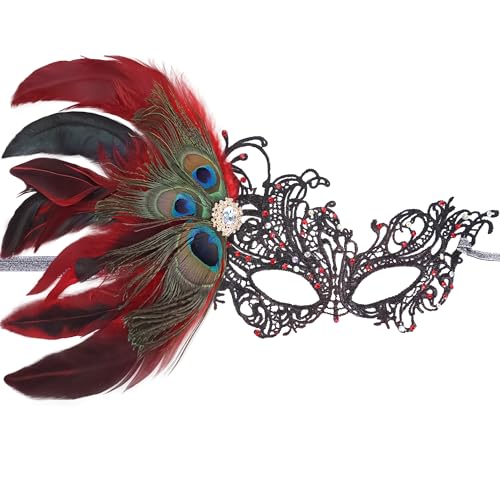 ETOFETE Pfauenfedern Maskerade Maske für Frauen Halloween Rote Spitze Karneval Maske für Karneval Ball von ETOFETE