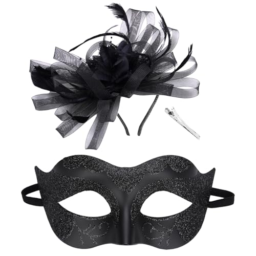 ETOFETE Schwarze Maskerade Maske für Frauen, venezianische Maske mit abnehmbarer Feder Blume Haarspange für Halloween Karneval Abschlussball Party ETOFETE Schwarze Maskerade Maske für Frauen, venezianische Maske mit abnehmbarer Feder Blume Haarspange für Halloween Karneval Abschlussball Party von ETOFETE