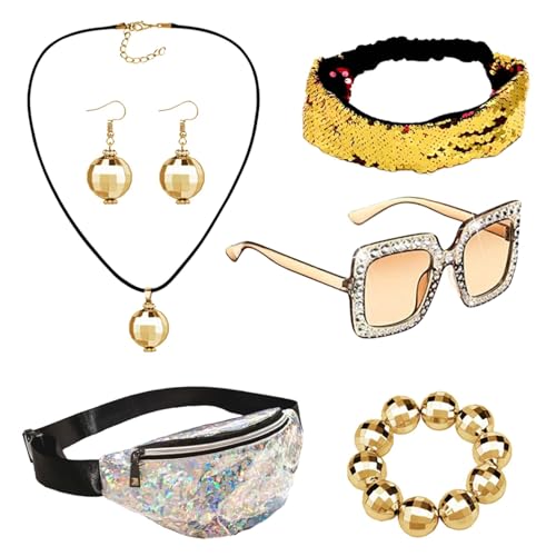 ETUCYNG 70er Jahre Disco-Stirnband, Discokugel-Armband, Ohrringe, Hüfttasche, 70er-Jahre Disco-Stirnband, Discokugel-Armband, Ohrringe, Hüfttasche für Mädchen, Discokugel-Ohrringe, Halskette von ETUCYNG