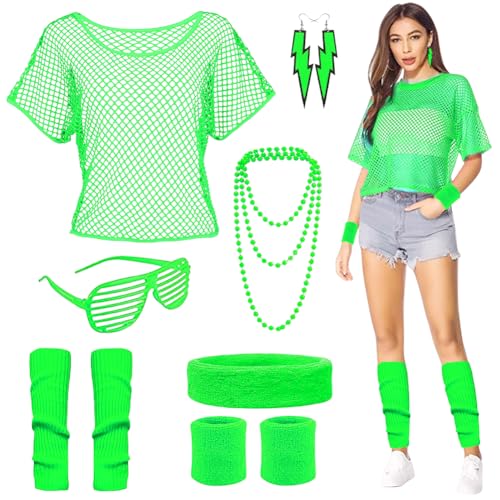 EUBSWA 80er 90er Jahre Outfits für Damen, Netzoberteil 80er Jahre Kleidung Accessoires, 80er Bad Taste Frauen Neon Party, Grün EUBSWA 80er 90er Jahre Outfits für Damen, Netzoberteil 80er Jahre Kleidung Accessoires, 80er Bad Taste Frauen Neon Party, Grün von EUBSWA
