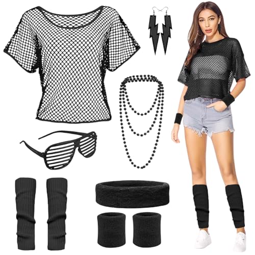 EUBSWA 80er 90er Jahre Outfits für Damen, Netzoberteil 80er Jahre Kleidung Accessoires, 80er Bad Taste Frauen Neon Party, Schwarz EUBSWA 80er 90er Jahre Outfits für Damen, Netzoberteil 80er Jahre Kleidung Accessoires, 80er Bad Taste Frauen Neon Party, Schwarz von EUBSWA