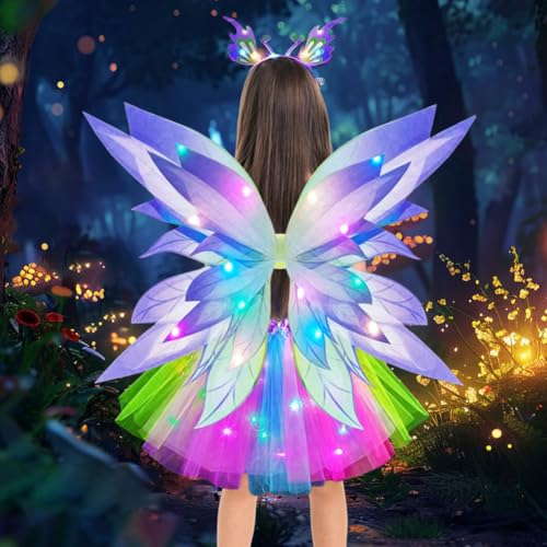 EUBSWA Leuchtend Feenflügel Feenkostüm für Mädchen, LED Tutu Tüllrock Haarreif Zauberstab mit Schmetterlingsflügel, Feen Fasching Karneval Geburtstag Kostüm für Kinder, Lila EUBSWA Leuchtend Feenflügel Feenkostüm für Mädchen, LED Tutu Tüllrock Haarreif Zauberstab mit Schmetterlingsflügel, Feen Fasching Karneval Geburtstag Kostüm für Kinder, Lila von EUBSWA