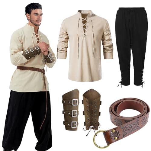 Mittelalter Renaissance Kleidung Herren, Viking Mittelalter Herren Hemd Hose Kostüm mit Gürtel Handgelenkgurt Zubehör, M von EUBSWA