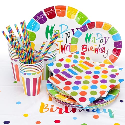 Geburtstag Partygeschirr Set für 20 Gäste, 121 Stück Regenbogen Geburtstag Party Teller Pappbecher Servietten Tischdecke Kindergeburtstag Partygeschirr Geburtstag Partygeschirr Set für 20 Gäste, 121 Stück Regenbogen Geburtstag Party Teller Pappbecher Servietten Tischdecke Kindergeburtstag Partygeschirr von EUBSWA