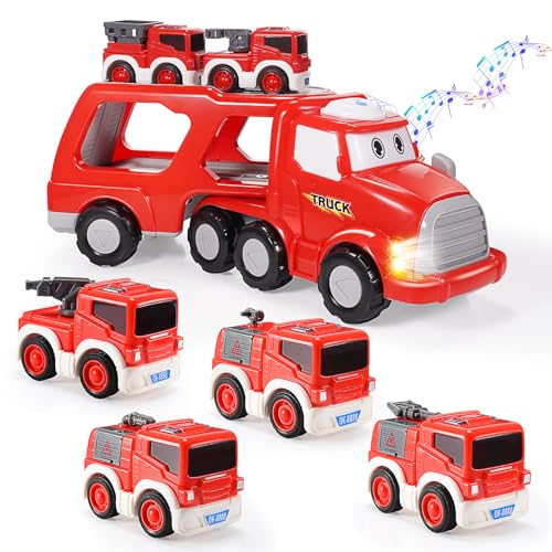 EUCOCO Feuerwehrauto, Kinderspielzeug ab 1 2 3 4 5 6 Jahre Feuerwehr Spielzeug Geschenk Junge 1 2 3 4 5 6 Jahre Lkw Spielzeug ab 1-6 Jahre Geburtstagsgeschenk Junge 1-6 Jahre Autotransporter Spielzeug von EUCOCO